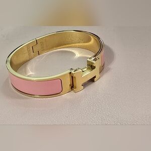 Gold and Pink H Enamel Cuff Bracelet - Women Jewelry